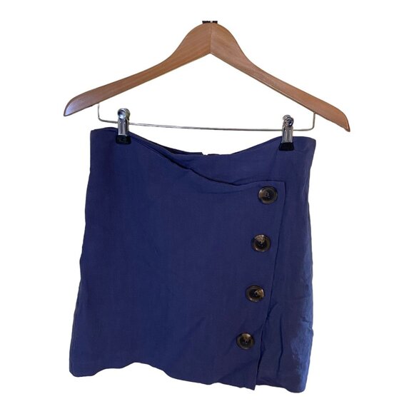 Fashion on Earth Womens Mini Skirt Large Blue Button-Front 90s Chic Rayon Linen - Picture 2 of 8